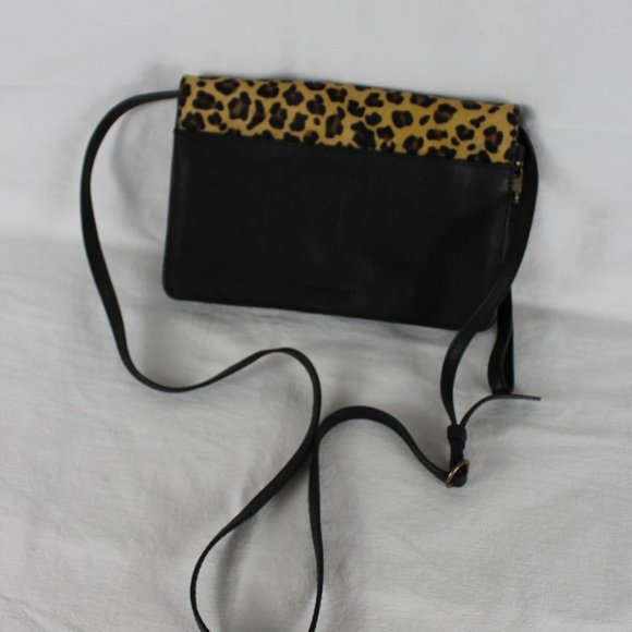 Lucky Brand Crossbody Black with Tan Leather Purse Horsehair Cheetah Print Strap - Picture 3 of 15